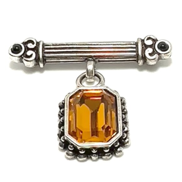 SATIN SILVER BAR PIN WITH TOPAZ CRYSTAL DROP BLACK CABOCHON ACCENT - Picture 3 of 3